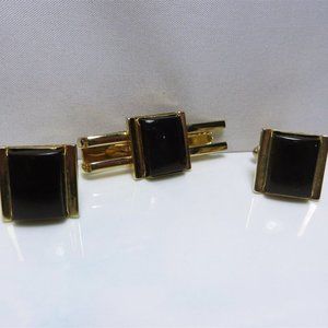 Vintage Yellow Gold Plated Speidel Onyx Cuff Link & Tie Clip Set